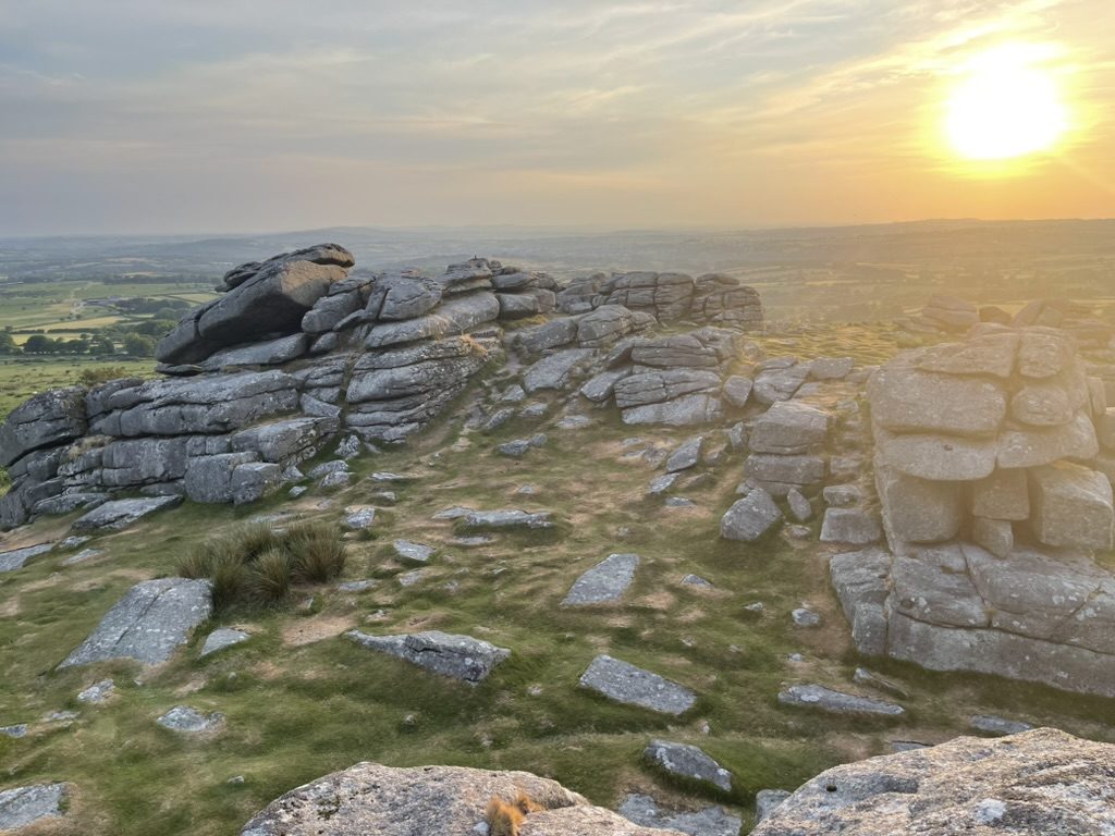 A granite tor on Dartmoor at sunset